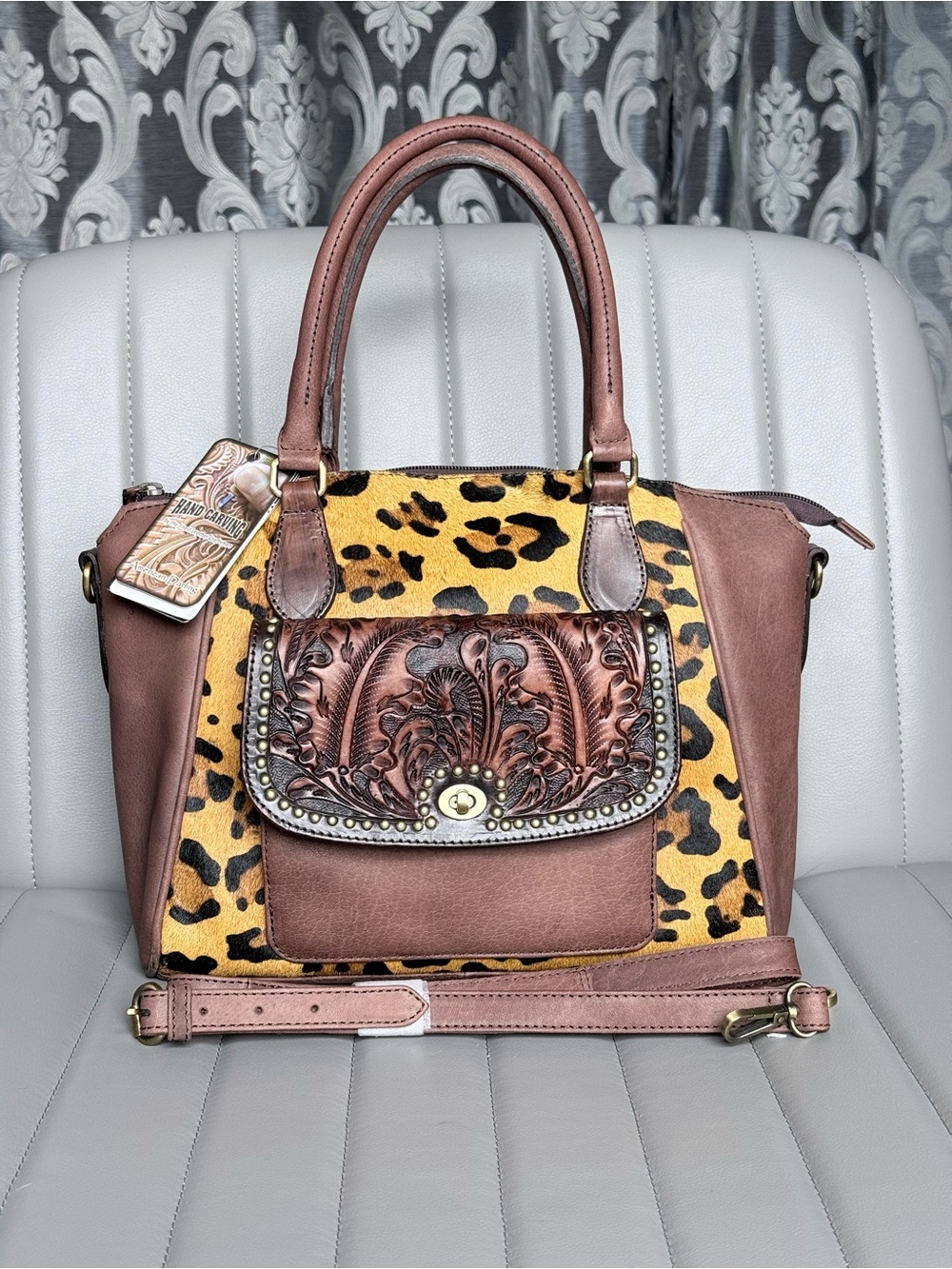 American Darling Leopard Tooled Leather Hair on Hide Cowhide Conceal Carry Bag